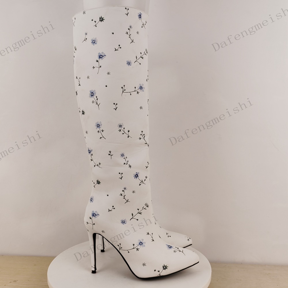 White Floral Print Knee High B - Women'S Fashion Knee High Boots 评论和价格